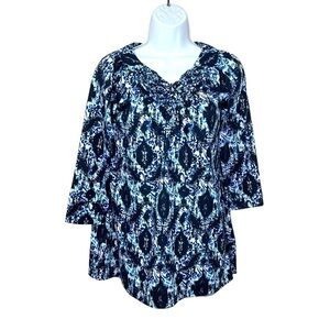 Blue White Boho Geometric Print Blouse Braided Neckline Stretch Small
